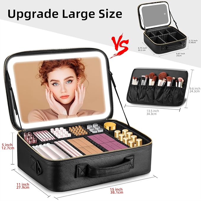 Suupvaor Upgraded Large Travel Makeup Bag with LED Mirror, 15” Makeup Case