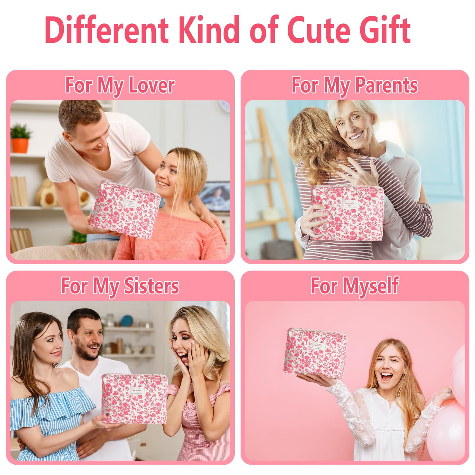 2Pcs Quilted Makeup Bag Set Flower Cute Pencil Case Large Small Travel Makeup Pouch Set for Women Coquette Makeup Bag Aesthetic Cotton Cosmetic Bag Pink Toiletry Organizer Storage Bag Big Zipper Pouch