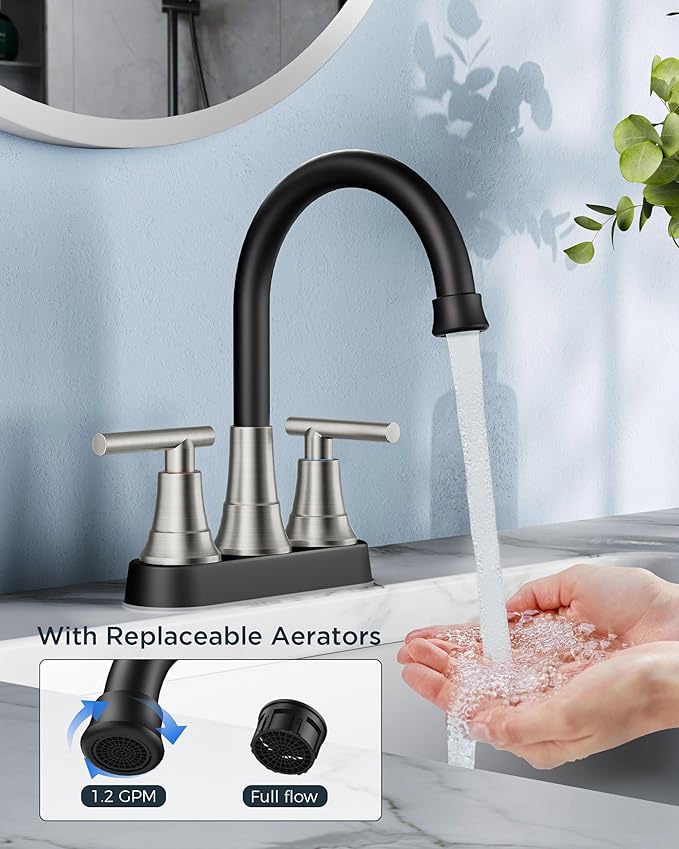 FORIOUS Black and Brushed Nickel Bathroom Faucets, 4 Inch Centerset Bathroom Sink Faucet 2 or 3 Hole with Pop up Drain and cUPC Hose, Two Handles Control, 360° spout for Restroom,Vanity, Rv
