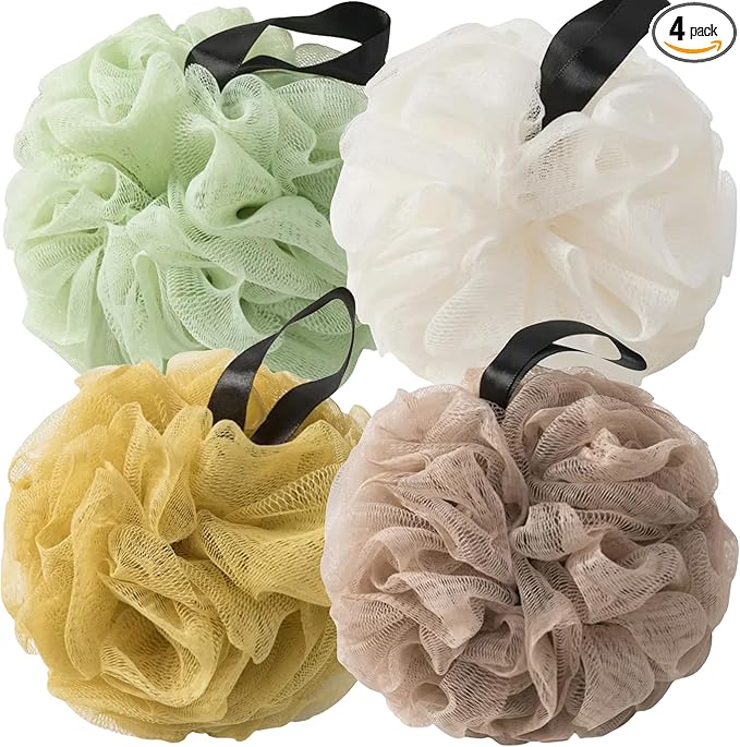 Loofah Sponges for Shower,Exfoliating Cleaning Bath Loofa Body Scrubber Balls for Women Men Washing,Earthy 4 Pack - Yellow, Khaki, Light Green & Beig