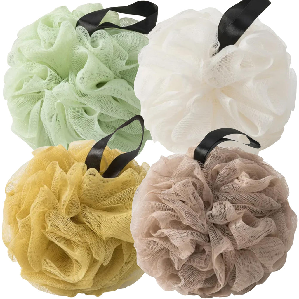 Loofah Sponges for Shower,Exfoliating Cleaning Bath Loofa Body Scrubber Balls for Women Men Washing,Earthy 4 Pack - Yellow, Khaki, Light Green & Beig