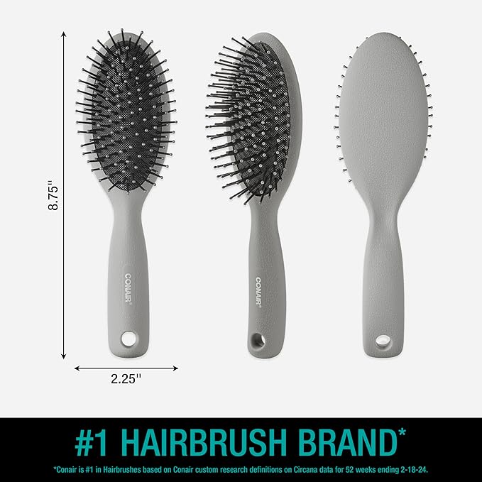 CONAIR Men Hair Brush, Men’s Detangler Brush for Everyday Brushing and All Hair Types, Flexible Cushion Base with Ball-Tipped Bristles Won’t Snag or Pull, Slate Gray