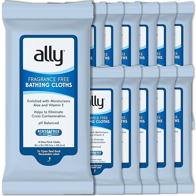 Ally Ultra-Thick Body Wipes with Aloe - No Rinse, Fragrance Free Bathing Wipes for Women, Men & Elderly - 96 Count (12 Pk of 8 Wet Wipes)