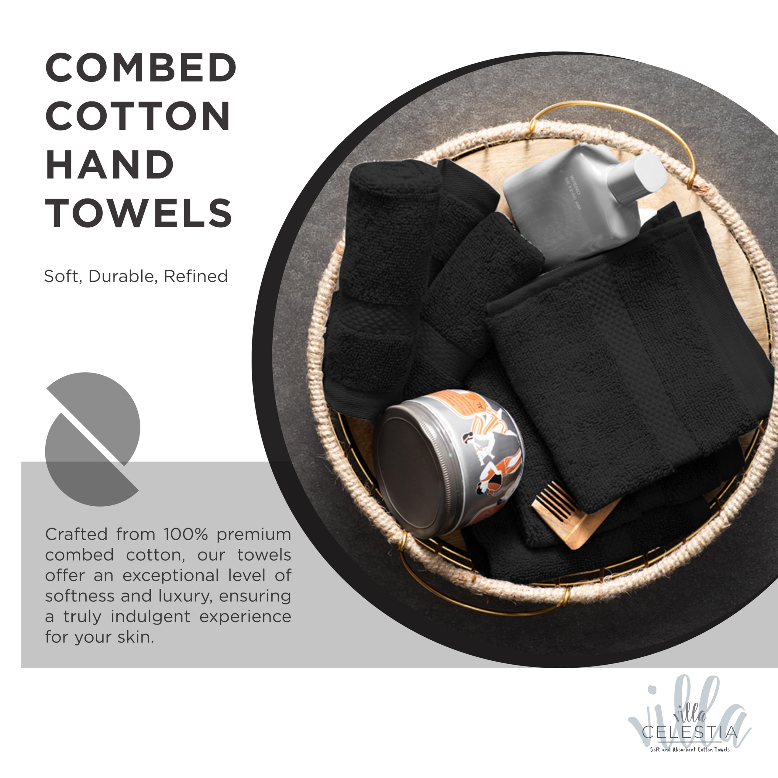 Villa Celestia Cotton Hand Towels Set of 4, 16 x 28, Oeko-TEX Certified, Quick Dry, Black