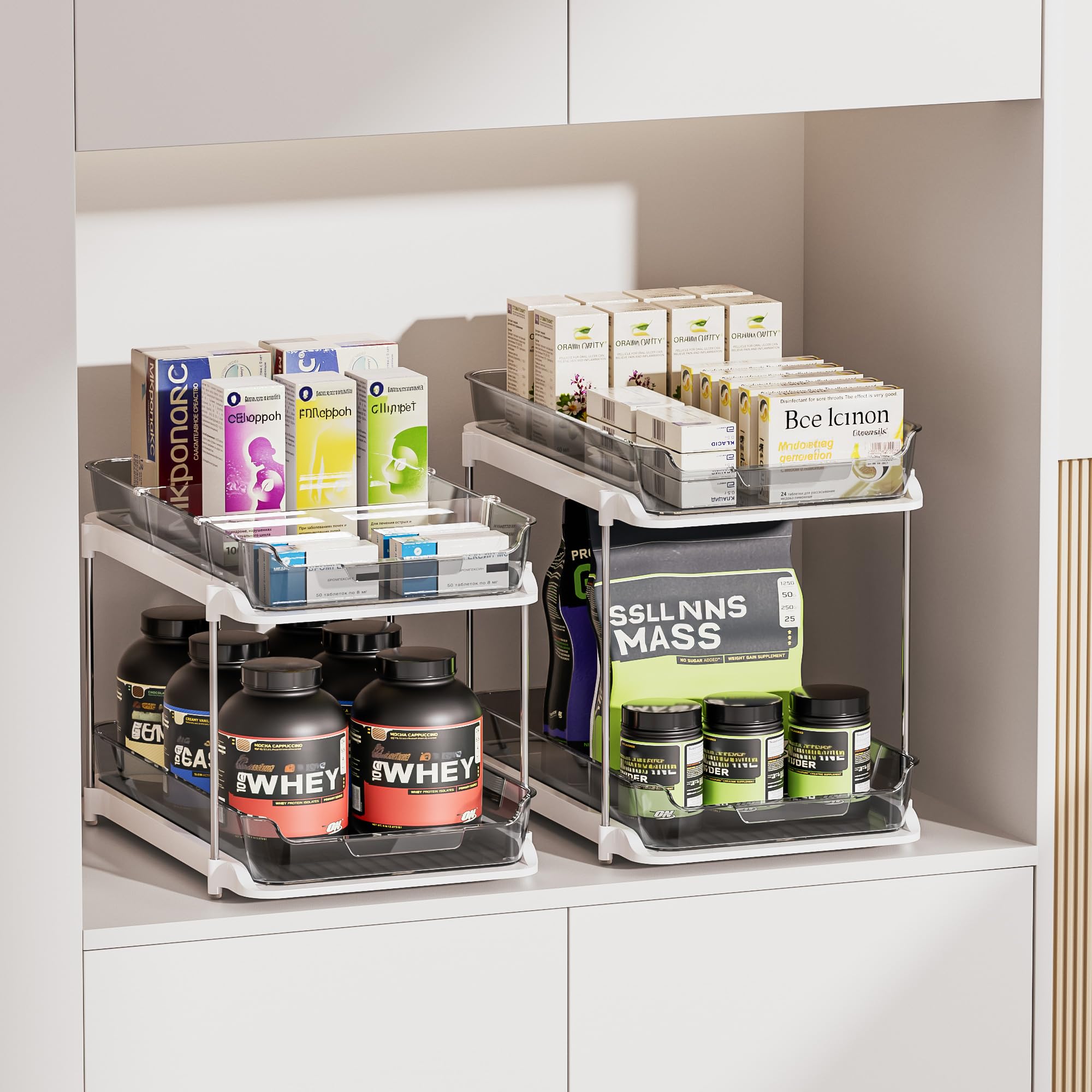 Delamu 2-Tier Multi-Purpose Bathroom Under Sink Organizers and Storage, Stackable Kitchen Pantry Organization, Pull Out Medicine Cabinet Organizer with Movable Dividers, Grey, 4 Pack
