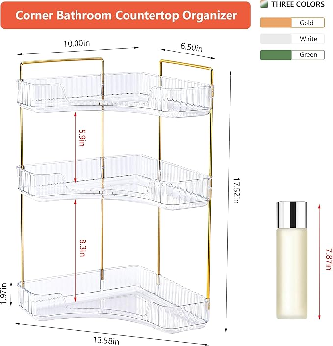 Weidace Corner Bathroom Counter Organizer Bathroom Countertop Shelf Makeup Organizer for Vanity Perfume Tray for Corner Storage (3 Tiers, White)