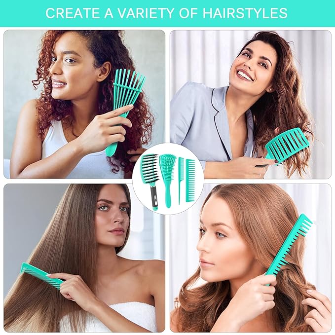 4pcs Curly Hair Brush Set for Adult & Kids Wet or Dry, Detangling & Wide Tooth Comb with Hair Detangler (4, Green)