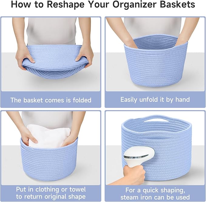 Small Rope Baskets for Storage, Baskets for Gifts Empty, Cute Round Woven Basket, Decorative Shelf Baskets 9.82×9.82×7.1", Cotton Toy Basket Storage Bins for Organizer 3 Packs-Skyblue