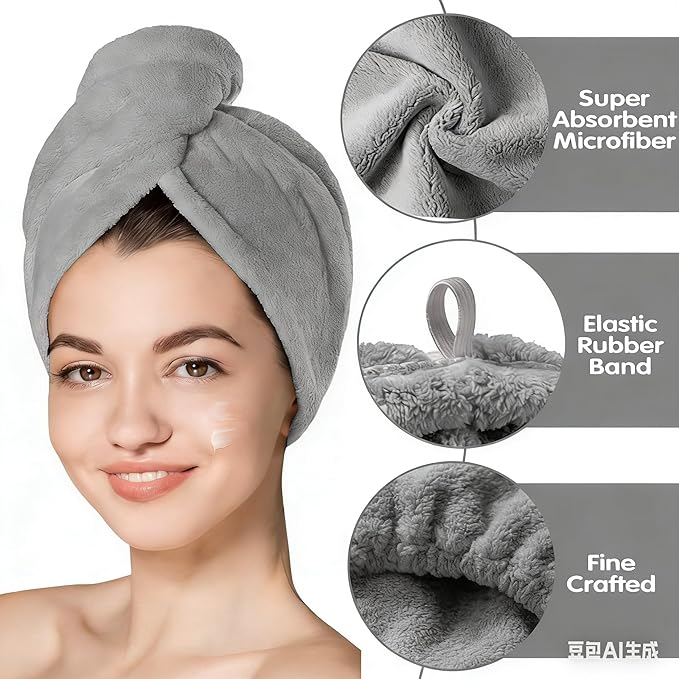 3 Pack Microfiber Hair Towel Wrap for Women, Fast Drying Hair Turban with Button, Anti-Frizz Large Hair Towel for All Hair Styles, Soft & Absorbent Hair Drying Towel