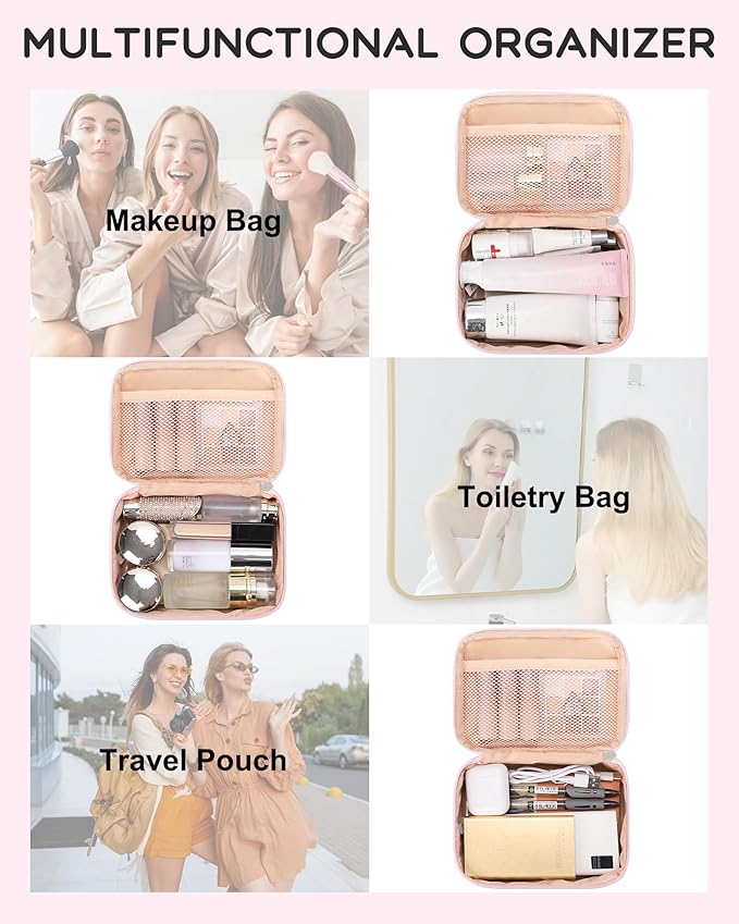 Relavel Travel Makeup Bag, Small Pink Cosmetic Bag with 2 Makeup Brush Holders, Portable Compact Makeup Pouch for Women, Cute Toiletry Bag with Double Layer Organizer, Pink Strip