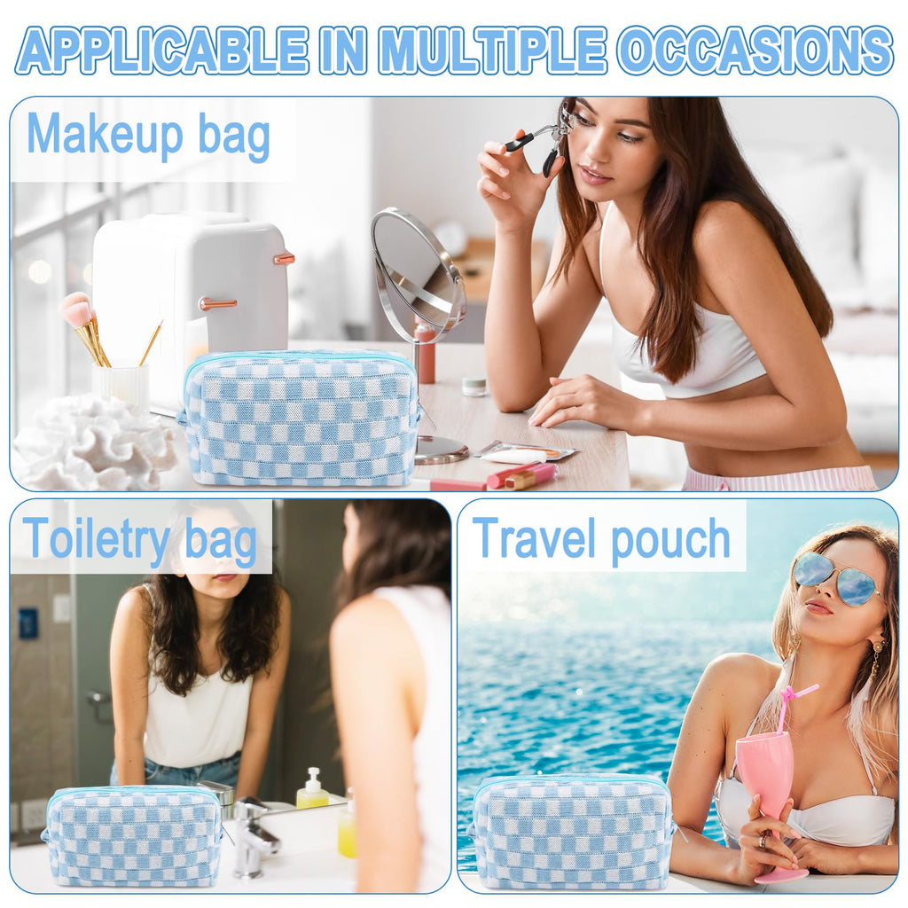 ZLFSRQ 6Pcs Checkered Pencil Case Cute Pencil Pouch for Teens Checkered Makeup Bag Blue Medium Travel Cosmetic Bag Makeup Pouch for Purse Aesthetic Trendy Zipper Toiletry Bags Organizer