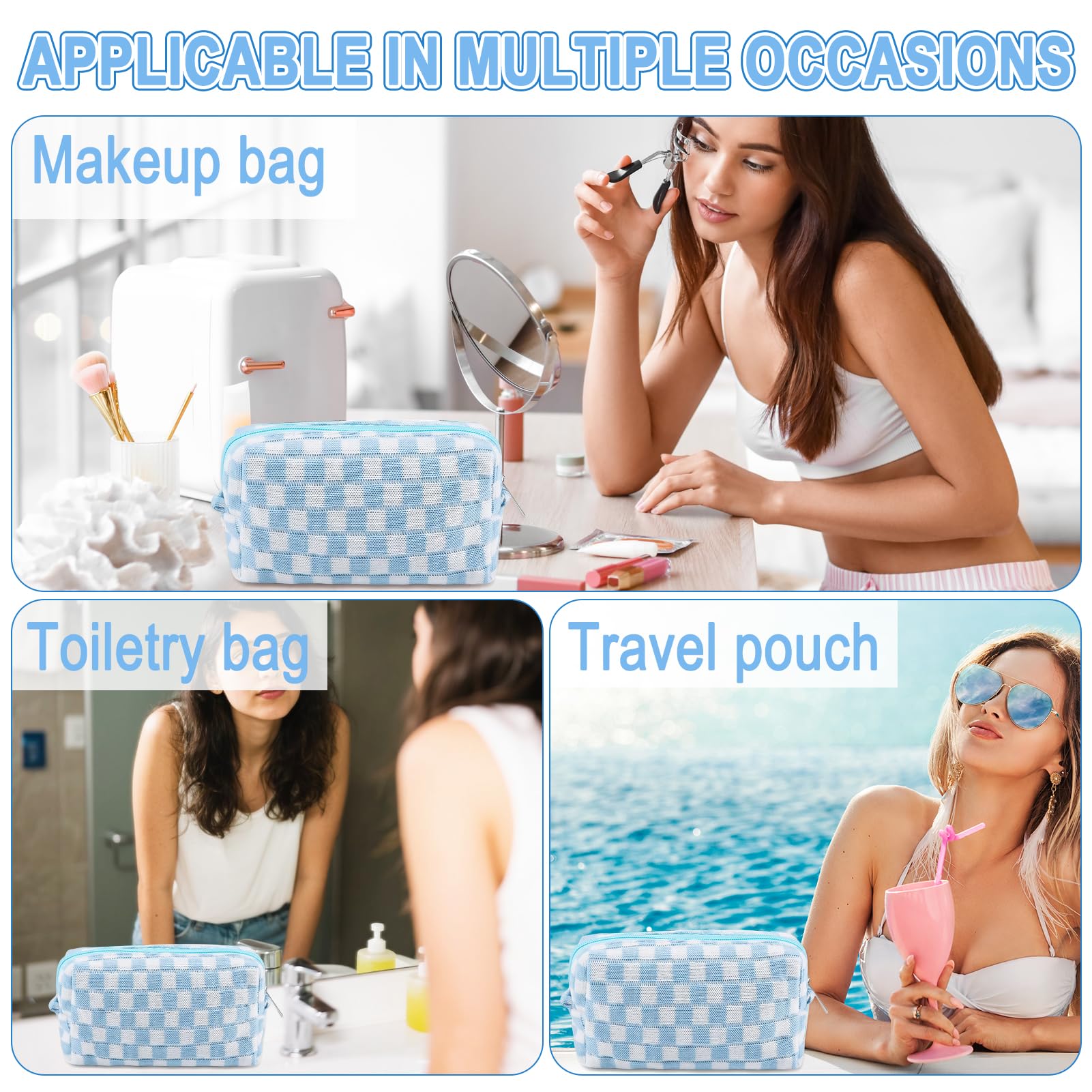 ZLFSRQ 6Pcs Checkered Pencil Case Cute Pencil Pouch for Teens Checkered Makeup Bag Blue Medium Travel Cosmetic Bag Makeup Pouch for Purse Aesthetic Trendy Zipper Toiletry Bags Organizer