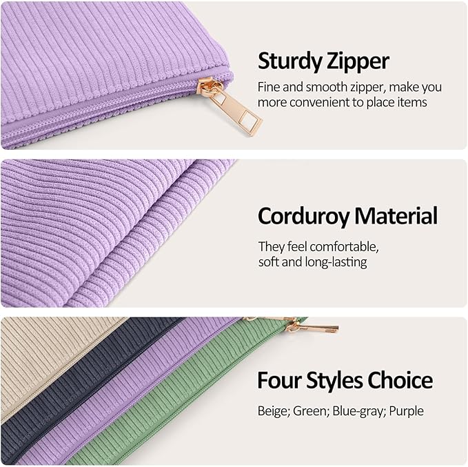 MAGEFY Small Makeup Bag for Purse Corduroy Makeup Bag with Inner Zipper Pockets Travel Cosmetic Bag for Women Preppy Stuff Gifts for Her, Purple