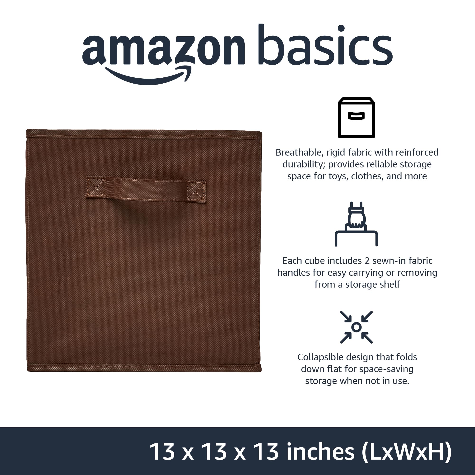 Amazon Basics Collapsible Fabric Storage Bins with Handles, Cube Organizer for Home Organization, 13" x 13" x 13", Brown, 6-Pack