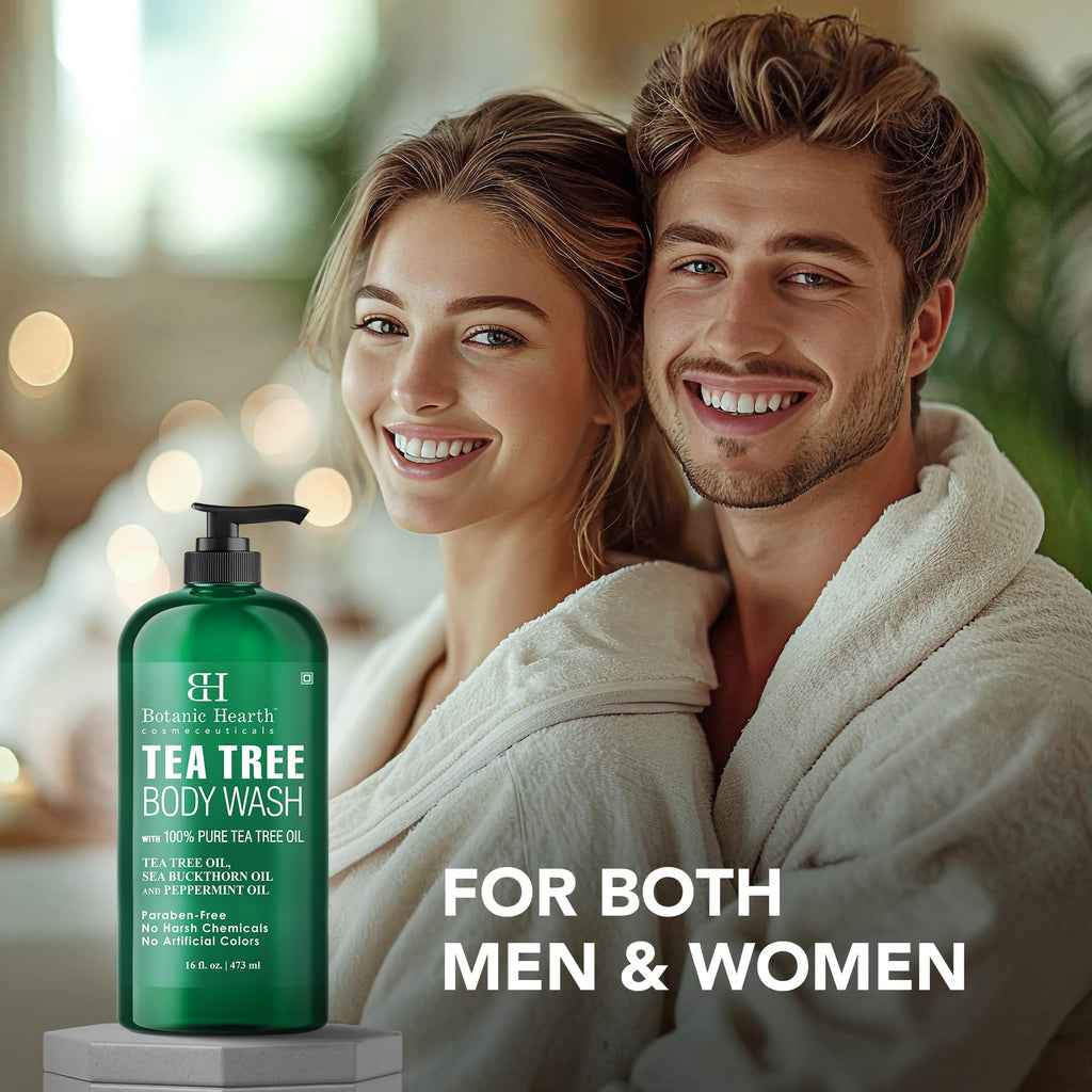 Botanic Hearth Tea Tree Body Wash, 16 Fl Oz (473 ml) | Enriched With Tea Tree Oil, Peppermint & Sea Buckthorn | Gently Cleanses, Refreshes & Nourishes Skin | Sulfate & Paraben Free | For Men & Women