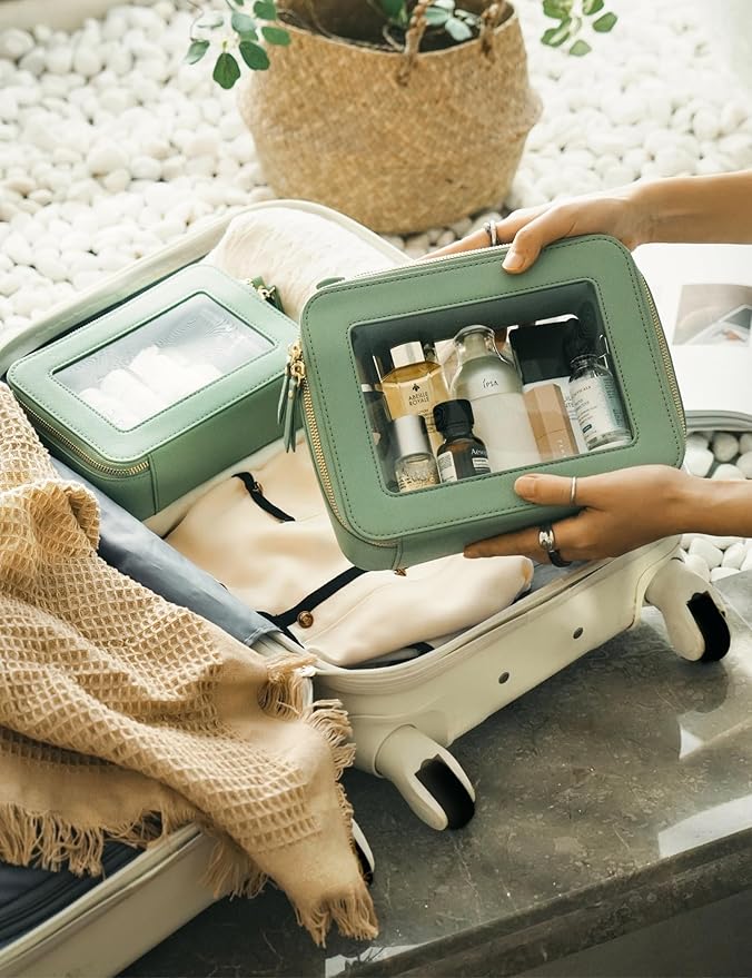 Popvibe Clear Makeup Bag Travel Cosmetic Case Transparent Toiletry Bag with Zipper, Portable Make Up Organizer Traveling Compact Car Bag for Essentials, Sage Green, Medium