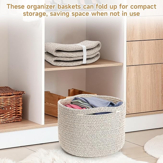 Small Rope Baskets for Storage, Baskets for Gifts Empty, Cute Round Woven Basket, Decorative Shelf Baskets 9.82×9.82×7.1", Cotton Toy Basket Storage Bins for Organizer 3 Packs-Brown