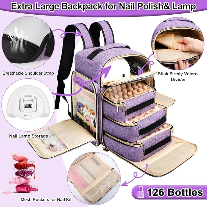 ahzske Nail Polish Organizer Backpack Holds 126 Bottles& Nail Lamp, Extra Large Nail Kit Supplies Organizer Bag with 3 Removable Cases, Portable Nail Organizers and Storage for Travel (Noble Purple)