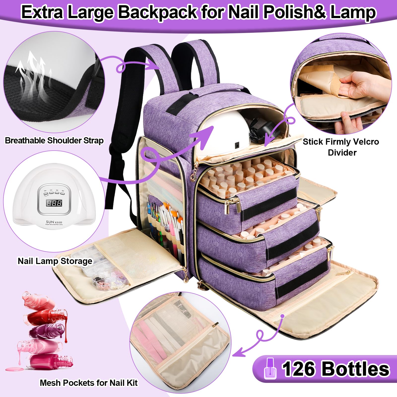 ahzske Nail Polish Organizer Backpack Holds 126 Bottles& Nail Lamp, Extra Large Nail Kit Supplies Organizer Bag with 3 Removable Cases, Portable Nail Organizers and Storage for Travel (Noble Purple)