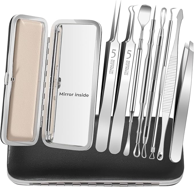 YGQQOY Professional Blackhead Remover Tools,Pimple Popper Tool Kit,Blemish, Whitehead Popping, 8 Pcs Zit Removing for Nose Face, Ingrown Hair Tweezers and Pore Prep Tool