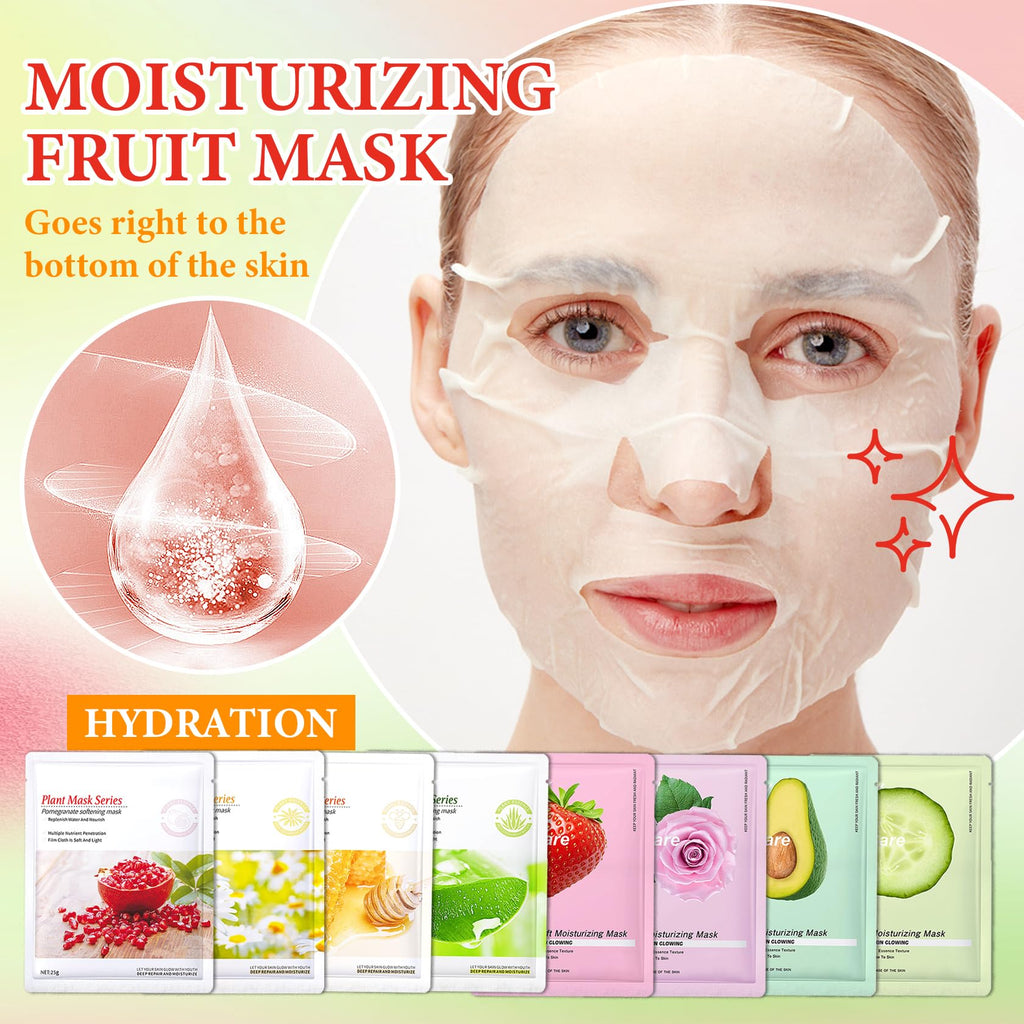 8 Pack Variety Facial Sheet Masks Skin Care Set, Hydrating Bulk Sheet Face Masks Skincare Gifts Set for Women Men, Long Lasting Moisturizing Face Mask Skincare for All Skin Type（01)