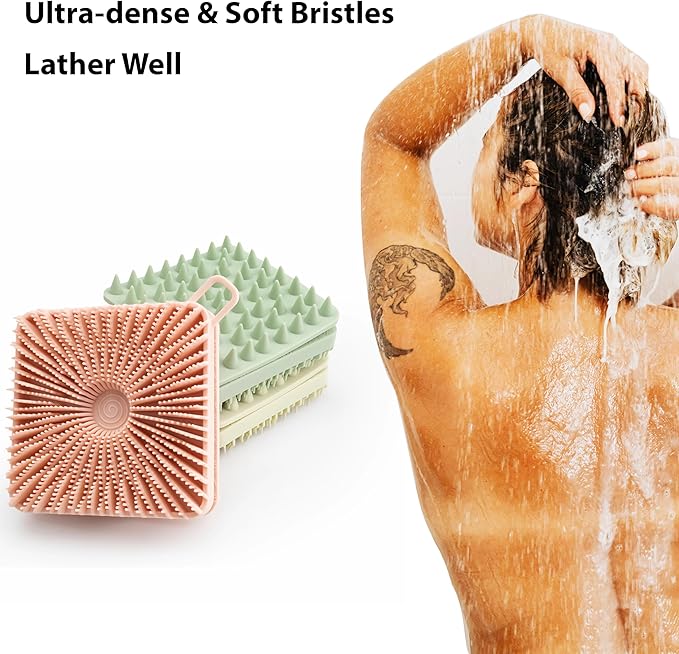 MtBoi 2 PC Silicone Exfoliating Body Scrubber, Body Shampoo Brush, Soft Silicone Loofah for Sensitive Skin, Shower Silicone Hair Scalp Massager, Easy to Clean, Lather Well(Gray&Pink)
