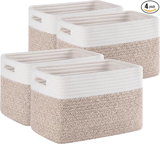 SIXDOVE 4 Pack Storage Baskets for Organizing, Woven Baskets for Shelves - Perfect for Toys, Books, Towels, and Clothes, Durable Gift Basket Bins Toy Storage, 12.7''Lx9''Wx7.8''H, Brown & White