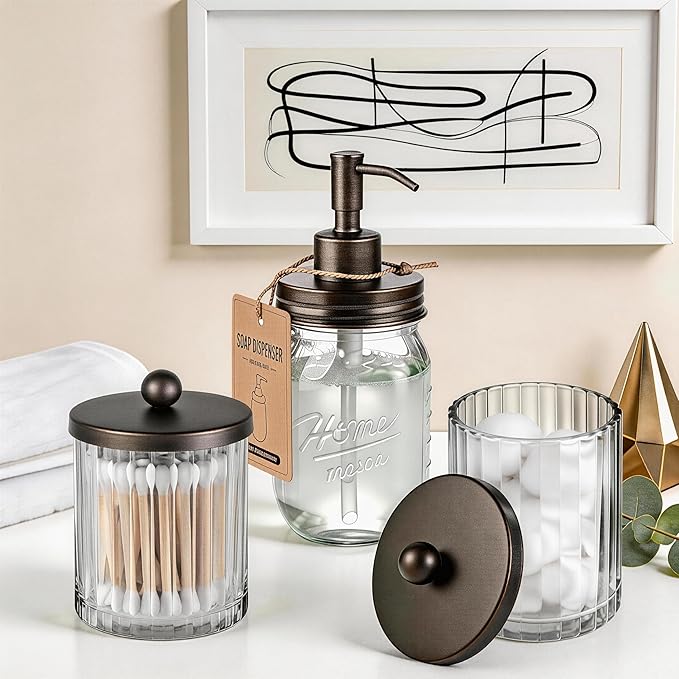 Amolliar Apothecary Jars Bathroom Vanity Storage Organizer Set, Countertop Canister with Stainless Steel Lid & Cute Stickers, Qtip Holder Dispenser for Cotton Swabs, Balls, Makeup Pads(Bronze, 4 Pack)
