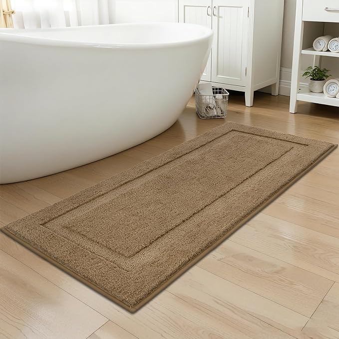 SHACOS Soft Fluffy Bathroom Runner Rugs Sets of 2 Pieces 47"x20"+ 32"x20" Non Slip Washable Bath Rugs Absorbent Bath Mats Bathroom Accessories Carpet for Floor Shower Tub, Khaki