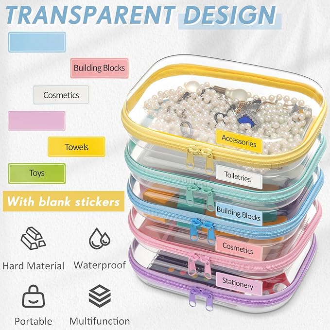 Sanwuta 10 Pcs Hard Zipper Case Clear Hard Pouches Plastic Zipper Pencil Portable Box Toy Storage Bins Plastic Container for Travel Toiletry Office Cosmetic Block Puzzle Organizer (S/m,Macaron Color)