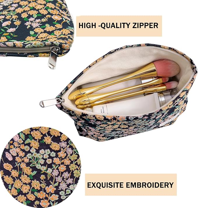 getgto 2 Pcs Makeup Bags, Large Cosmetic Bag Travel Toiletry Bag Organizer for Women, Embroidery Craft, Floral Makeup Bag Small Cosmetic Pouch Purse with Zipper Gifts for Girls Teen