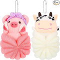 Vesici 2 Pcs Loofahs for Kids Children's Bath Loofahs Girls Toddler Cute Cartoon Bath Sponges Loofah Pouf Body Scrubber Mesh Sponges for Shower Washing Exfoliating(Pig,Cow)