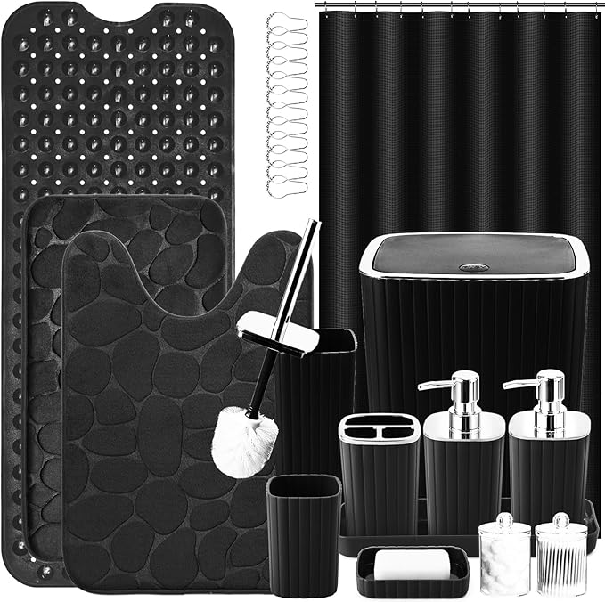 XLHOMO Bathroom Accessory Set - 25PC Green Bathroom Sets, Bathroom Set with Shower Curtain and Rugs, Dark Green Shower Curtain Set, Trash Can, Qtip Holder & Soap Dispenser