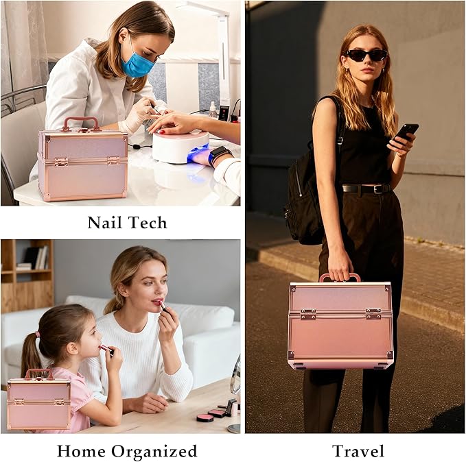 GALHUBIS Makeup Train Case, Portable Makeup Case with Mirror, 2-Trays Cosmetic Organizer Case,Nail Polish Organizer, Travel Makeup Box, Profesional for Salon Barber, Rose Gold
