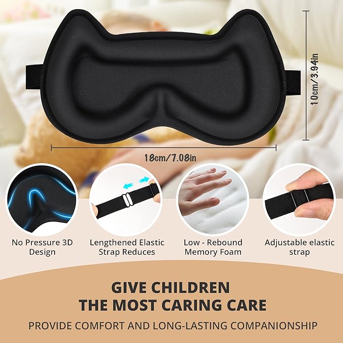 Kids Sleep Mask for Sleeping – Soft 3D Contoured Eye Mask for Kids, Comfortable No-Pressure Eye Cover with Memory Foam for Travel, Naps & Airplane, Boys & Girls (Black)