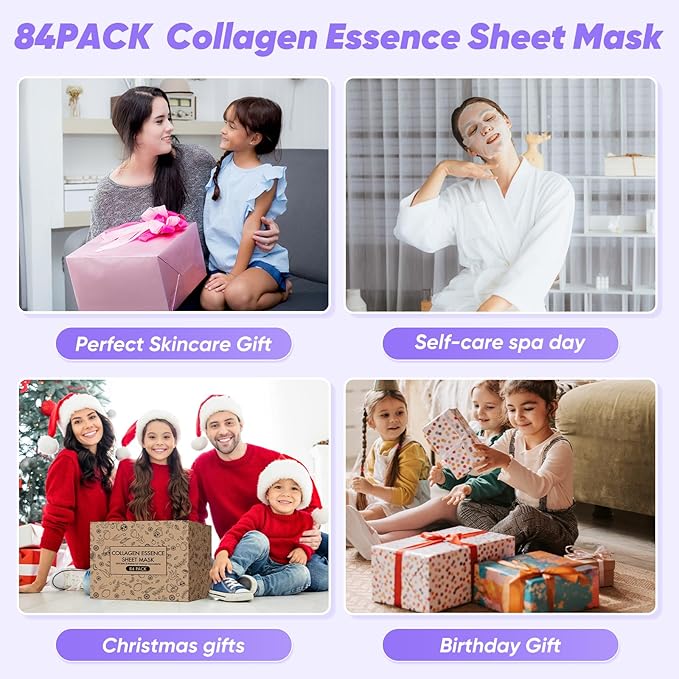 84 Pack Bulk Sheet Face Masks Skin Care, Hydrating and Moisturizing Collagen Facial Masks for All Skin Tybe, Spa Party for Women, Birtyday Gifts, Skincare Gifts Kit for Teen Girls (12 Types x 7 Pcs)