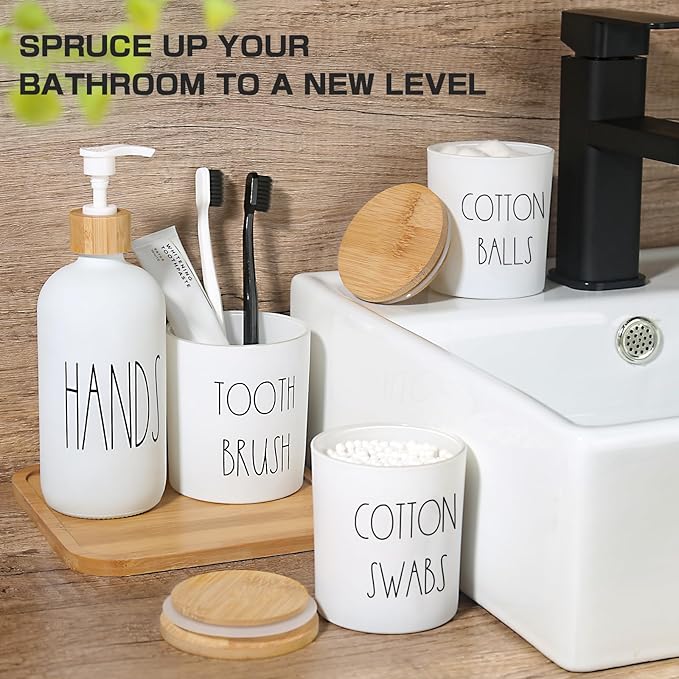 ALPIRIRAL White Bathroom Accessories, 5 Pcs Glass Bathroom Accessory Set with Bamboo Tray, Soap Dispenser and Toothbrush Holder Set, Qtip and Cotton Ball Holder, Farmhouse Boho Bathroom Set Complete