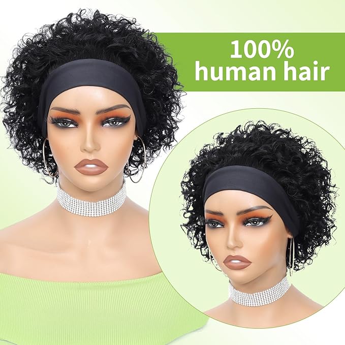 Headband Wig Human Hair Wigs for Black Women Short Curly Human Hair Put on and Go Glueless Wig Natural Black Curly Headband Wigs 8inch