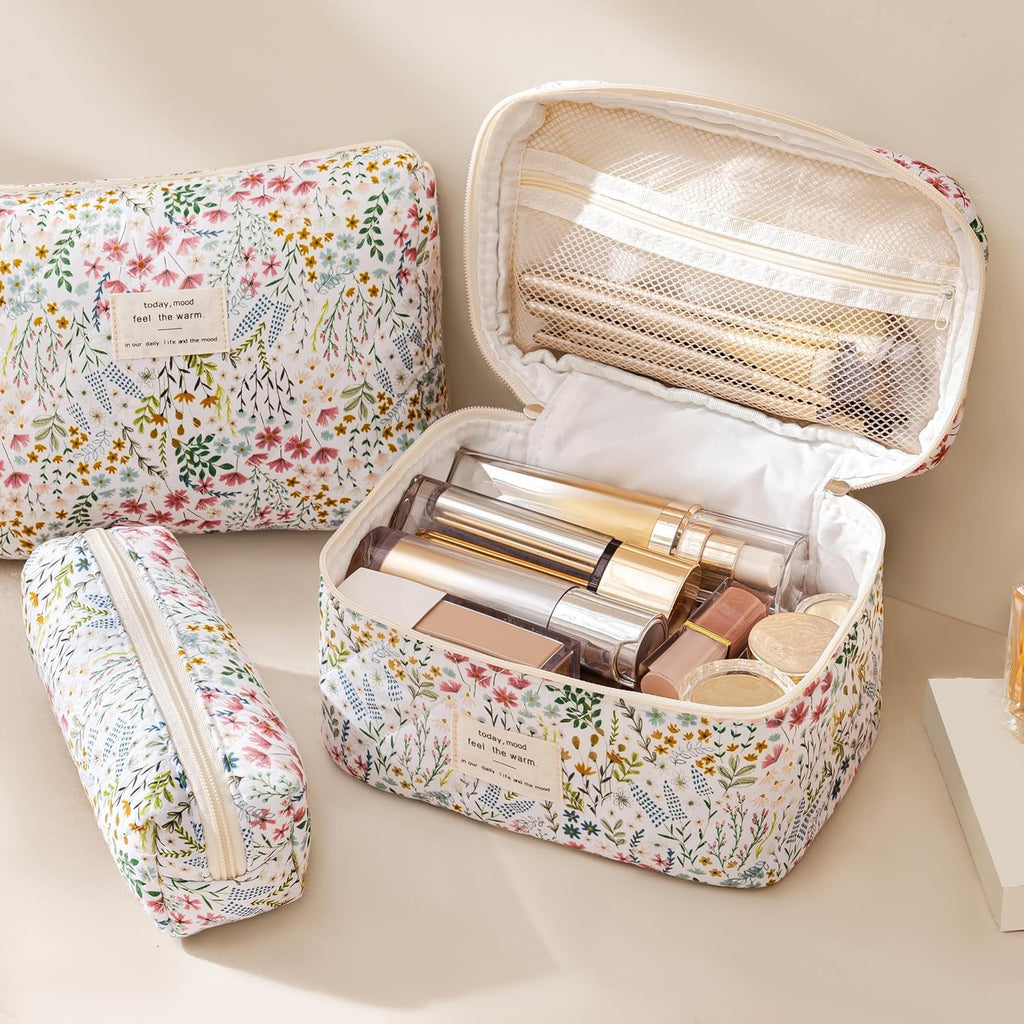 HBselect Quilted Makeup Bag, 3Pcs Cotton Large Travel Makeup Bags Organizer