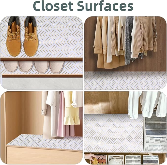 Shelf Liner for Kitchen Cabinets 12in x 10FT Non Adhesive Drawer Liner Non-Slip Thickened Shelf Liner Paper Strong Easy to Clean for Tool Box Refrigerator with Knife and Tape Measure, Gold Arrow