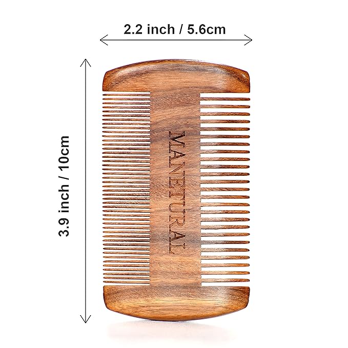 MANETURAL Premium Sandalwood Dual-Action Comb - Double-Tooth Design for Men's Fine & Wide Hair, Mustache Comb, Protective PU Leather Case