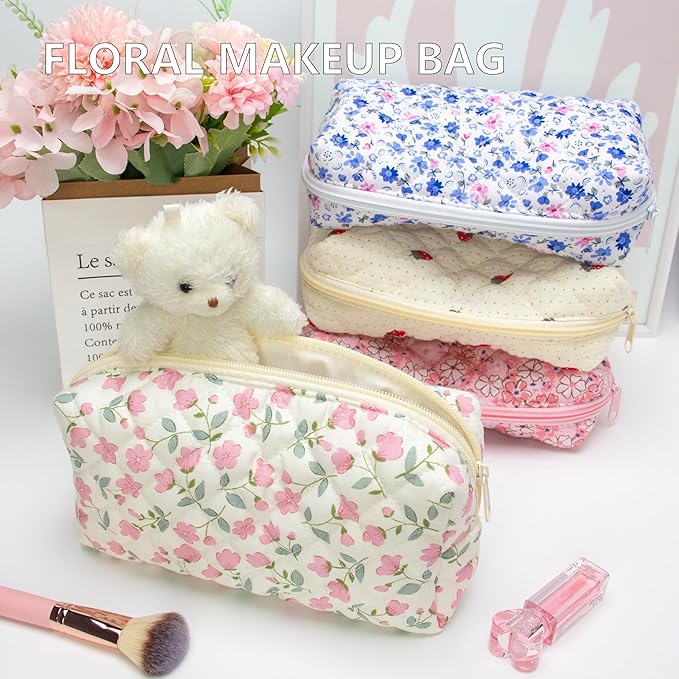 PAZIMIIK Small Quilted Makeup Bag,Zipper Cosmetic Pouch,Floral Pink