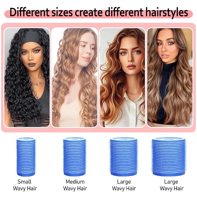 4 Sizes Self-Grip Hair Rollers Set with Clips - 4 Sizes for Long, Short Hair & Bangs (25mm, 36mm, 48mm, 60mm), (Blue, 4 Sizes)