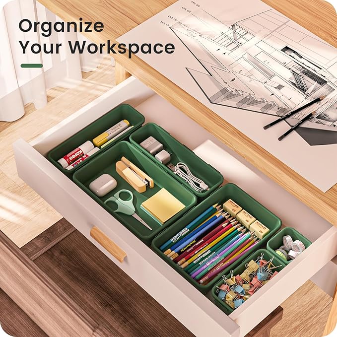 【Military Grade】A-LuGei Drawer Organizer,【𝟱𝗦𝗶𝘇𝗲】Makeup organizer,【Holds 177 Items】Bathroom Organizers and Storage,Organization and Storage,Desk Drawer Organizer for Vanity【Green】