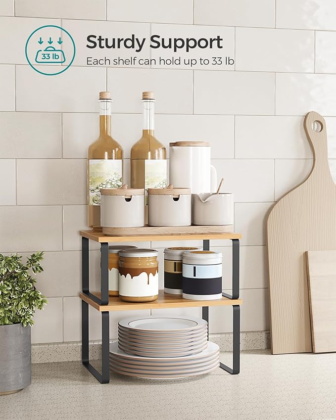 SONGMICS Cabinet Organizer Shelf, Set of 2 Kitchen Counter Shelves, Kitchen Storage, Spice Rack, Stackable, Expandable, Metal and Engineered Wood, 11.7 Inches, Ink Black and Natural Beige UKCS02NB