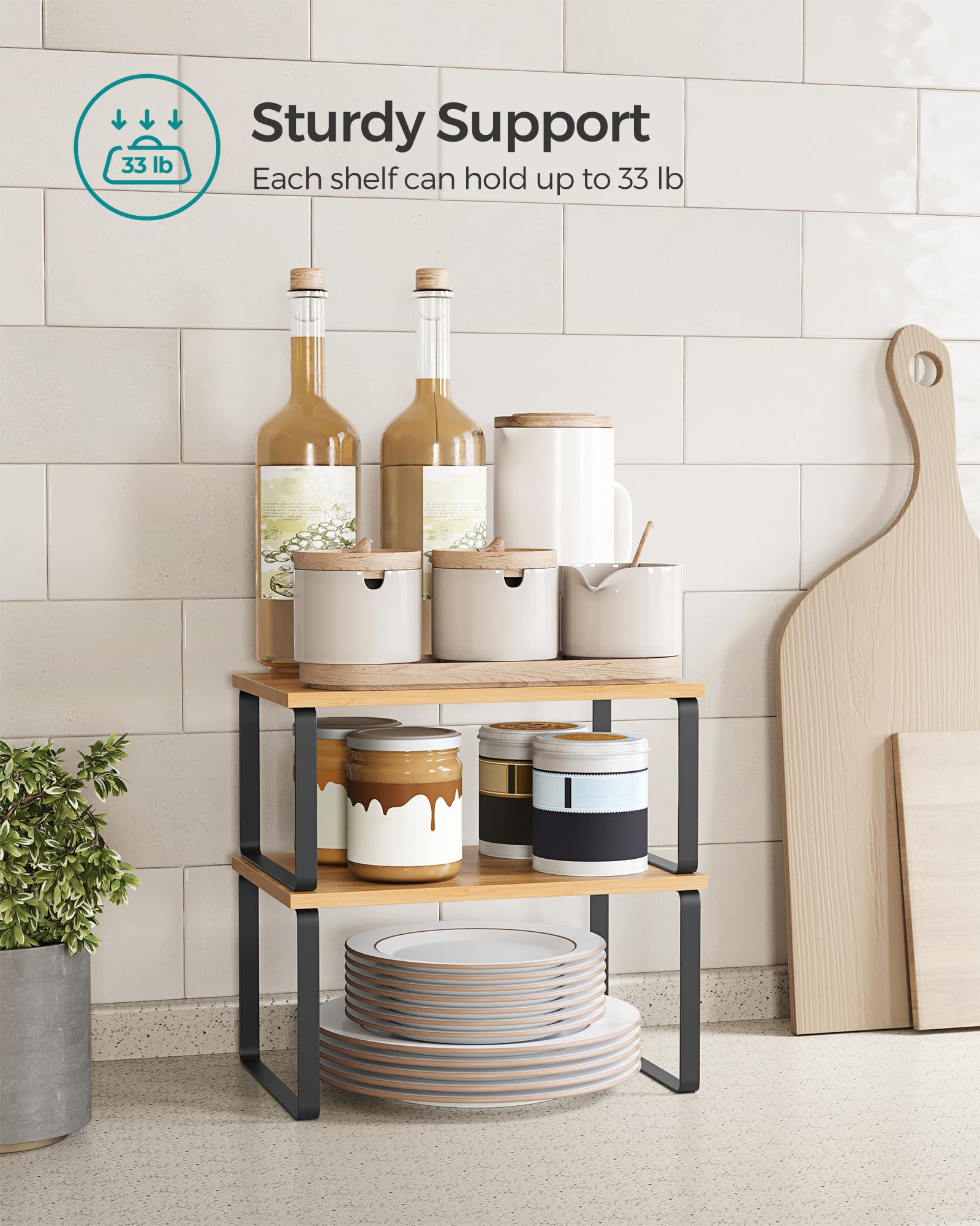 SONGMICS Cabinet Organizer Shelf, Set of 2 Kitchen Counter Shelves, Kitchen Storage, Spice Rack, Stackable, Expandable, Metal and Engineered Wood, 11.7 Inches, Ink Black and Natural Beige UKCS02NB