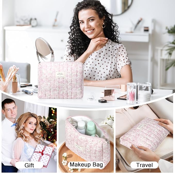 Gosect 2PC Makeup Bag Set, Cute Cosmetic Bag for Women Girls, Floral Coquette Aesthetic Toiletry Bag, Travel Make Up Organizer Bag (Pink Flower)