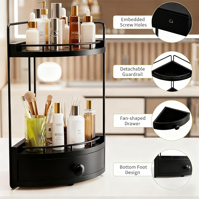 Aollewoiti 2-Tier Corner Bathroom Counter Organizer with Drawer, Black