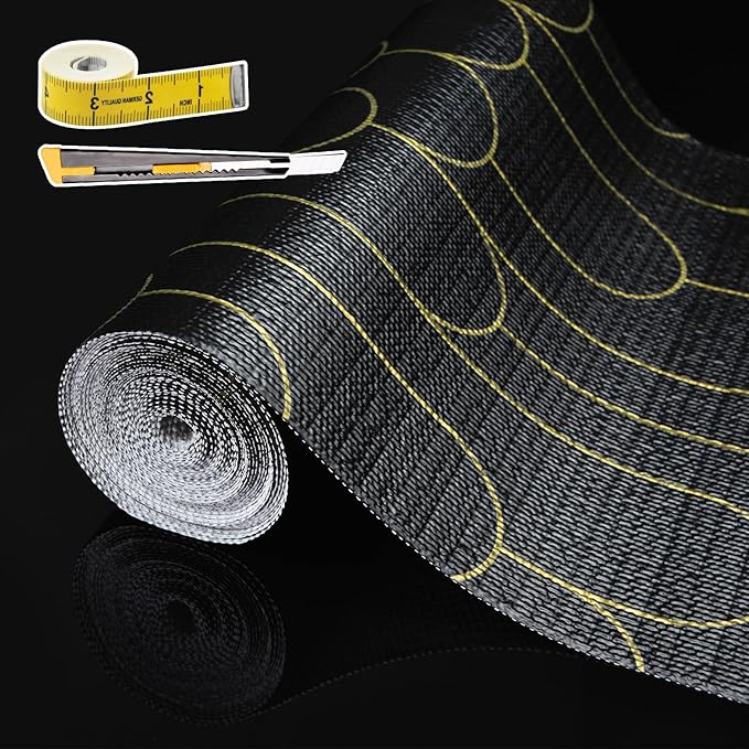 Shelf Liners for Kitchen Cabinets Drawer Liner 12in x 30FT Non Adhesive Black Gold Line Thickened Refrigerator Shelf Liner Paper Strong Easy to Clean for Tool Box with Knife and Tape Measure