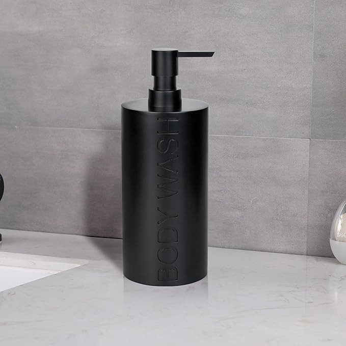 Indecor Home Matte Black Body Wash Dispenser Luxurious Refillable Pump Bottle with Embossed Text, Durable Construction for Bathroom and Shower